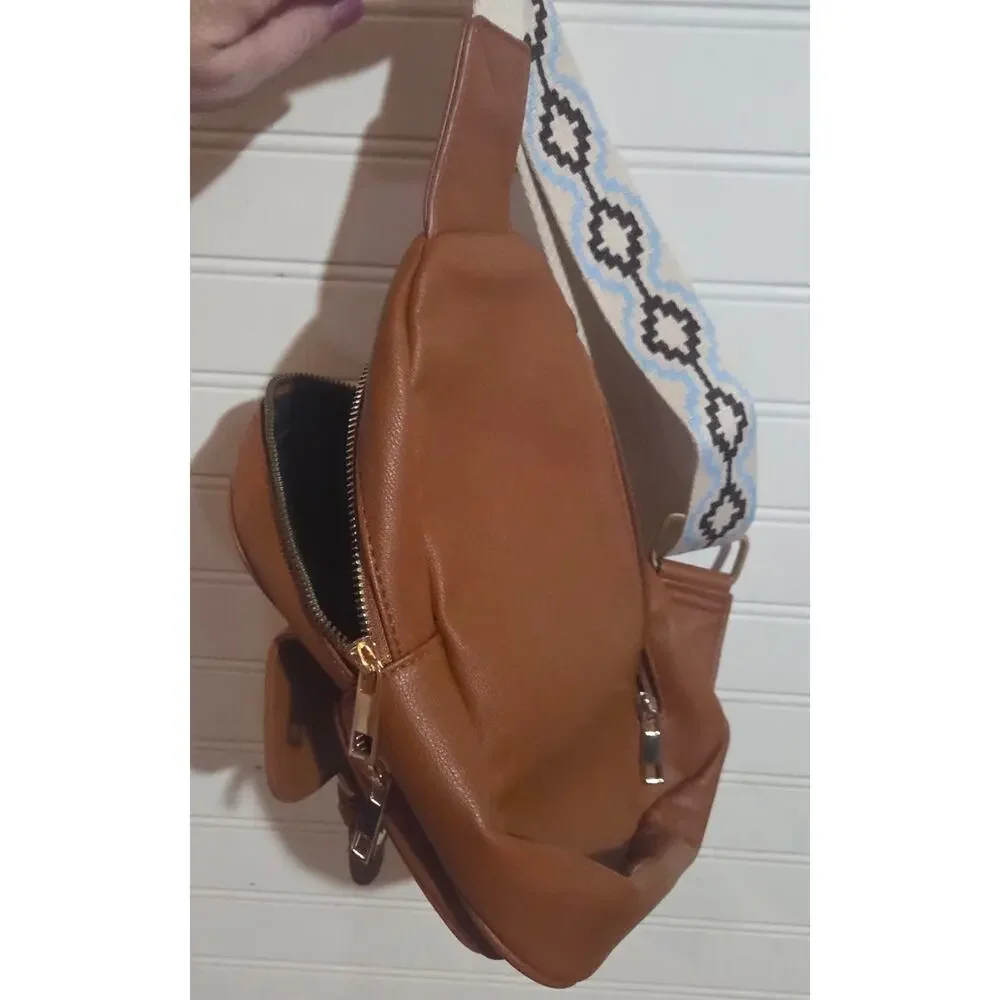 Brown Faux Leather Western Aztec Crossbody Bag Chest Pack Strap